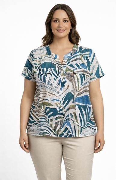Picture of CURVY GIRL STRETCH TOP LEAF PRINT WITH BUTTONS